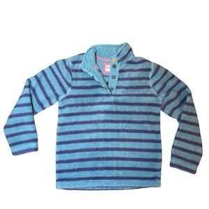 Mini Boden 1/4 button up blue striped fuzzy pullover sweater girls size 13-14Y